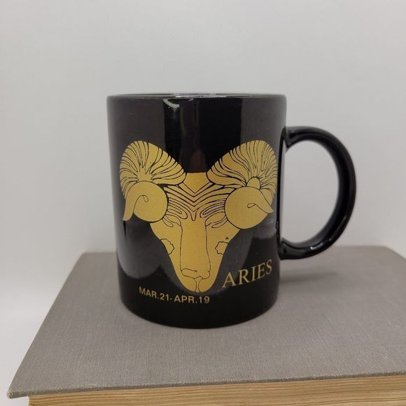 Aries Zodiac Coffee Mug Black Gold Ram Astrology Cup Mar 21 - Apr 19 - Picture 2 of 8